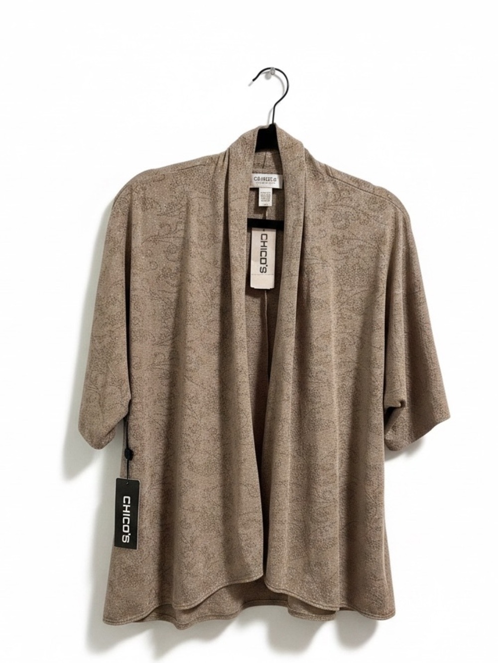Chico's Sandcastle Fiona jacket Taupe Shimmering Open-Front Draped Cardigan